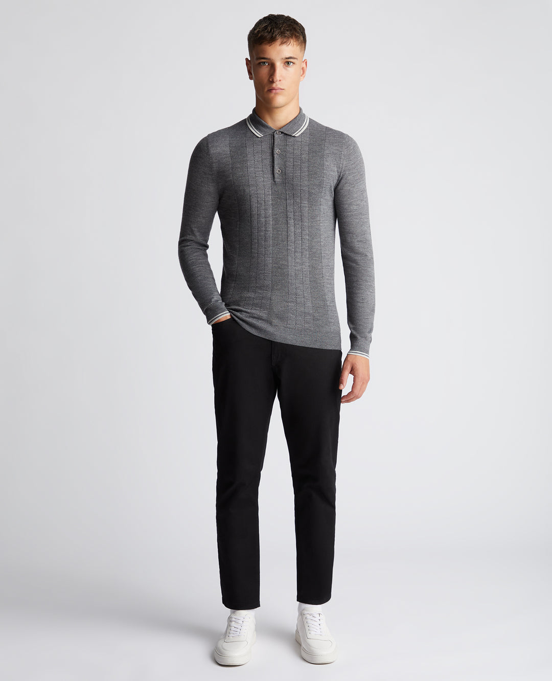 REMUS UOMO LS KNITTED POLO - GREY