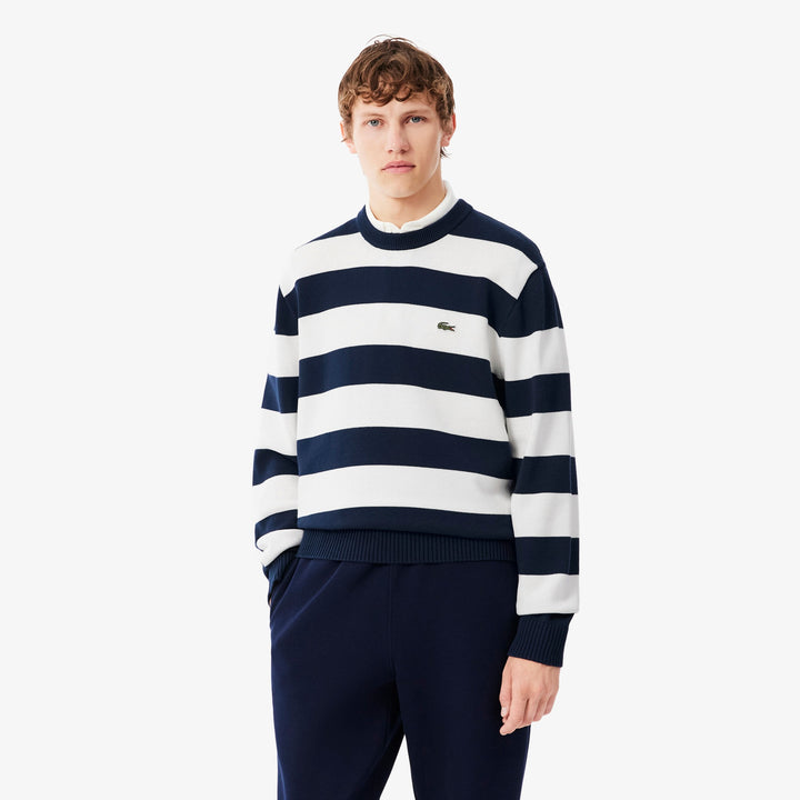 LACOSTE STRIPED CREW NECK - NAVY BLUE