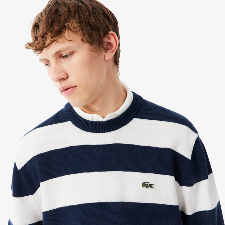 LACOSTE STRIPED CREW NECK - NAVY BLUE