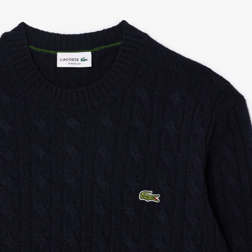 LACOSTE WOOL CABLE KNIT CREW - NAVY