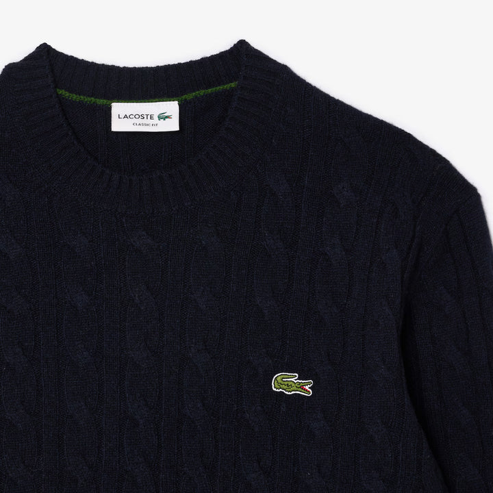 LACOSTE WOOL CABLE KNIT CREW - NAVY