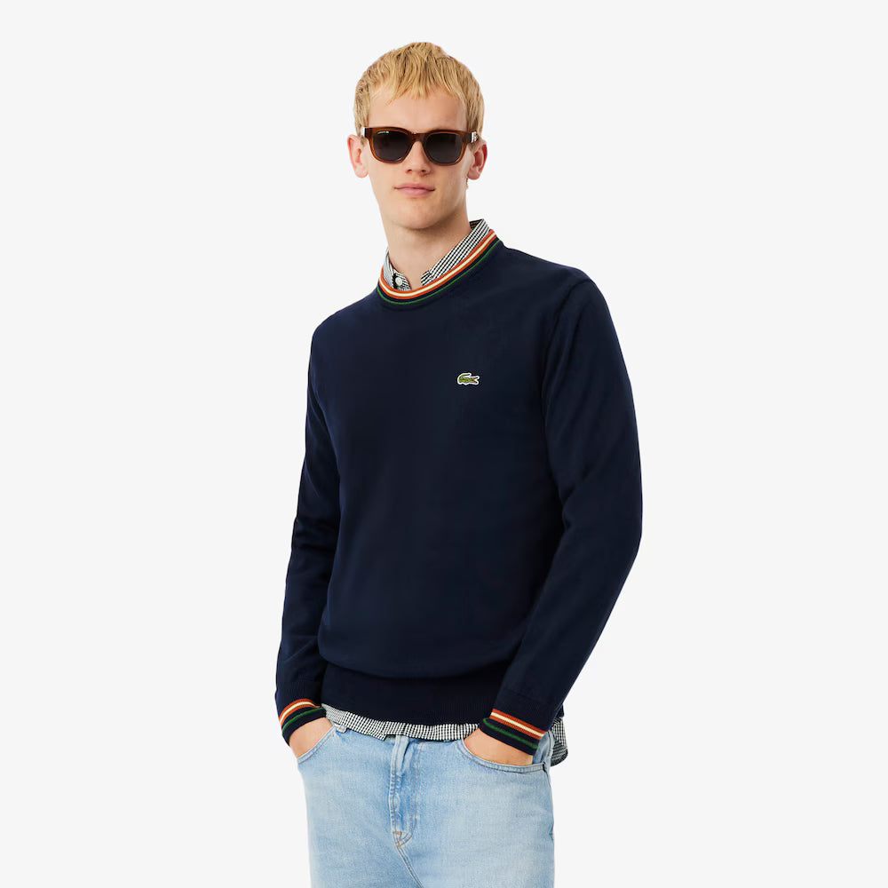 LACOSTE STRIPE JERSEY CREW SWEAT - NAVY