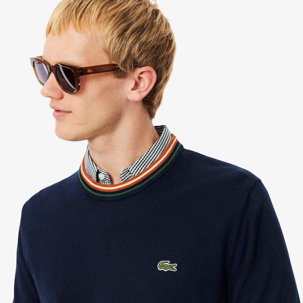 LACOSTE STRIPE JERSEY CREW SWEAT - NAVY