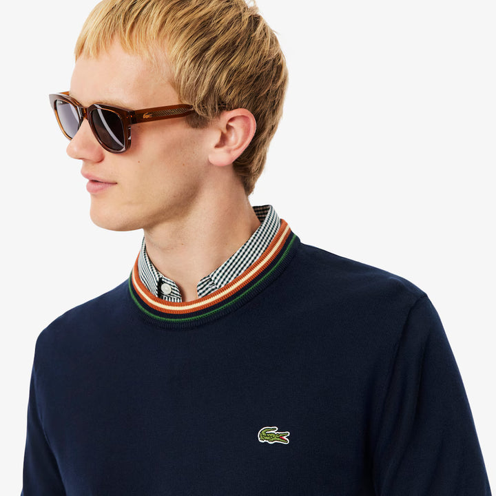 LACOSTE STRIPE JERSEY CREW SWEAT - NAVY