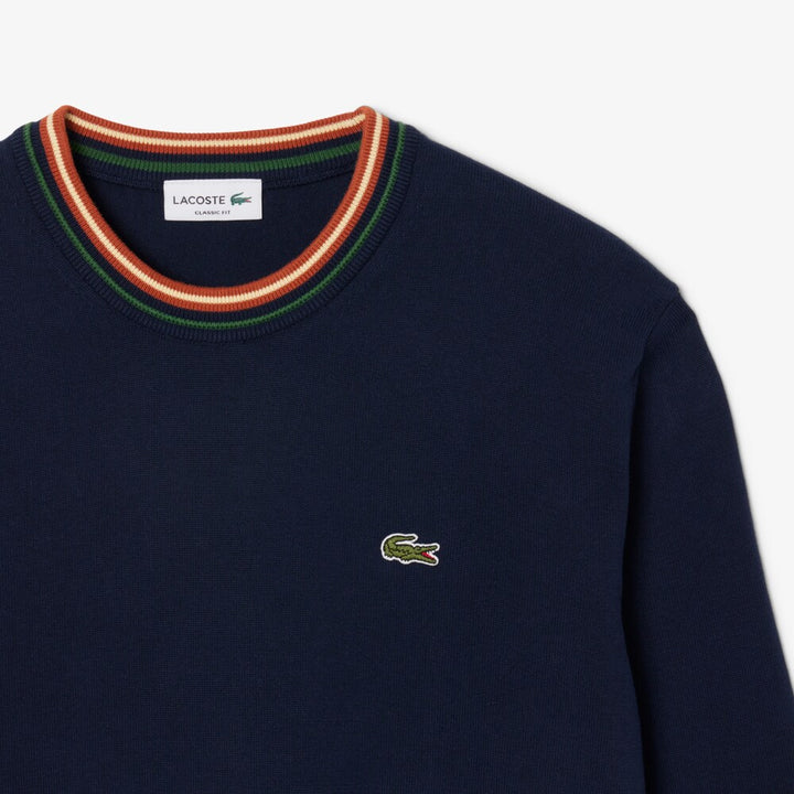 LACOSTE STRIPE JERSEY CREW SWEAT - NAVY