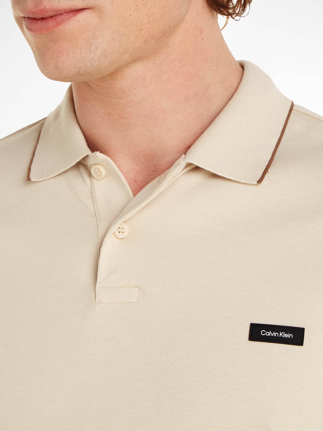 CK STRETCH PIQUE TIPPING POLO - FOG