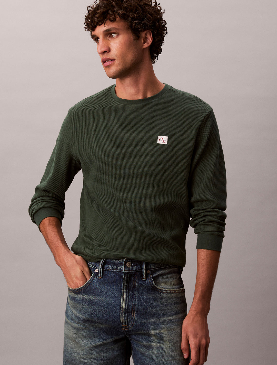 CKJ LS WAFFLE BADGE CREW TEE - SYCAMORE