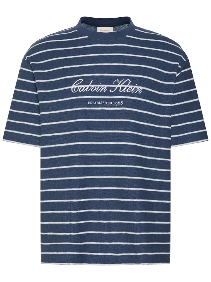CKJ SS STRIPE CASUAL PIQUE TEE - DENIM