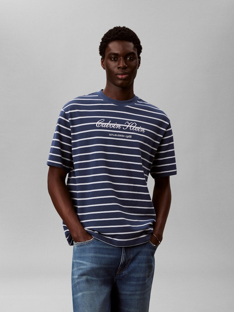 CKJ SS STRIPE CASUAL PIQUE TEE - DENIM