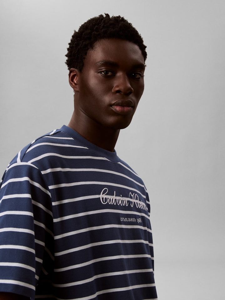 CKJ SS STRIPE CASUAL PIQUE TEE - DENIM