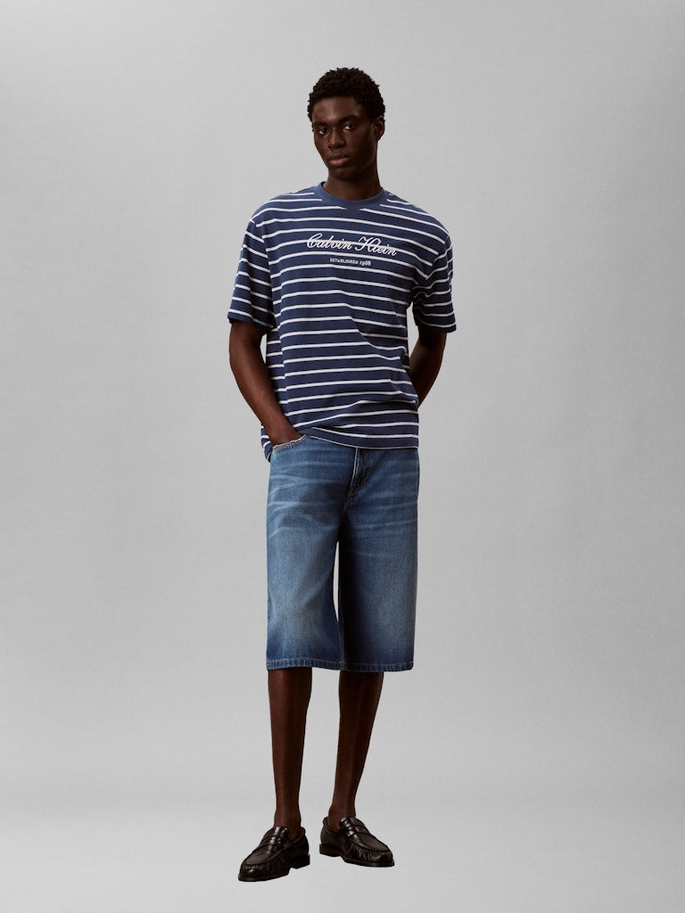 CKJ SS STRIPE CASUAL PIQUE TEE - DENIM