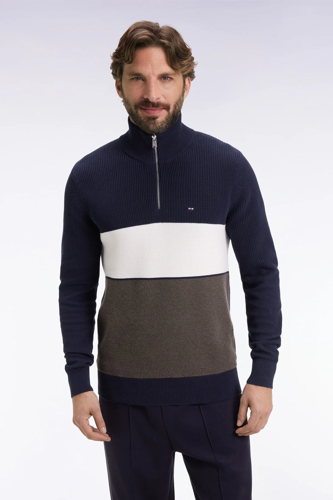EDEN PARK HEAVY STRIPED 1/2 ZIP - NAVY/BROWN