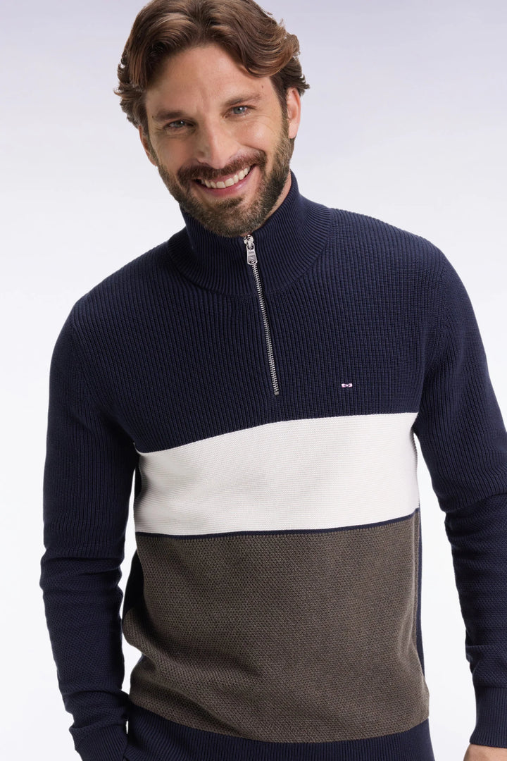 EDEN PARK HEAVY STRIPED 1/2 ZIP - NAVY/BROWN