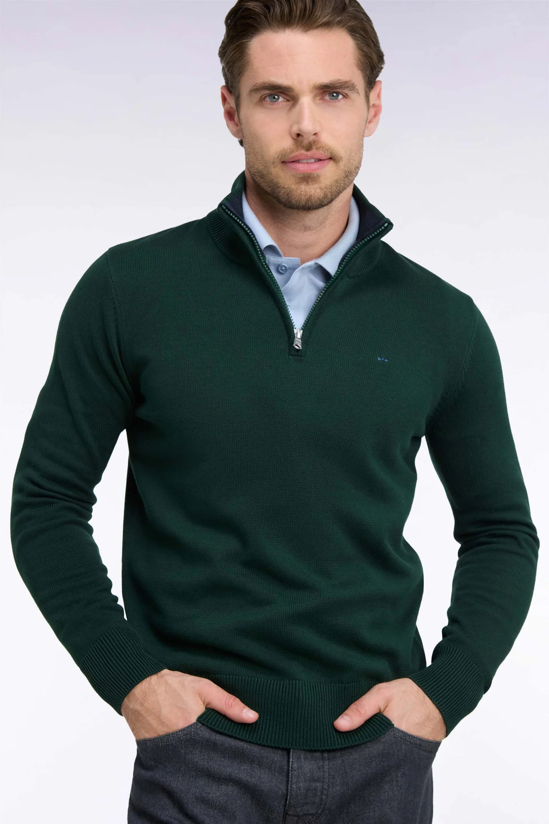 EDEN PARK COTTON 1/2 ZIP - DARK GREEN