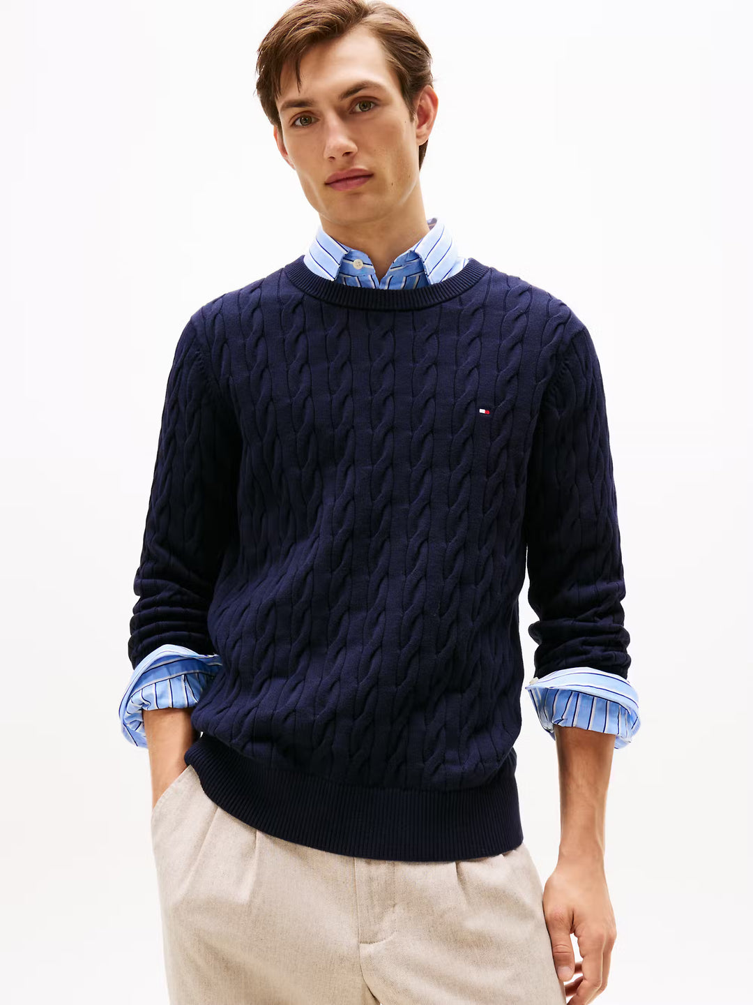 TH CLASSIC COTTON CABLE CREW NECK - NAVY