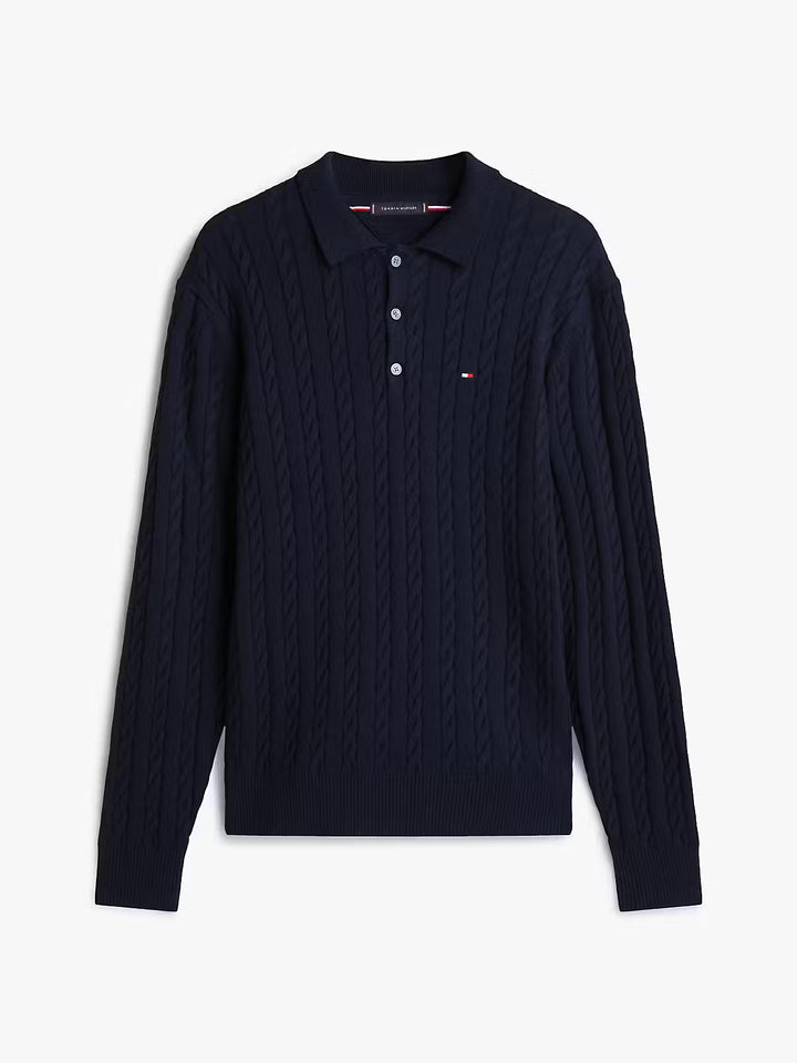 TOMMY HILFIGER CLASSIC COTTON CABLE LS POLO - NAVY