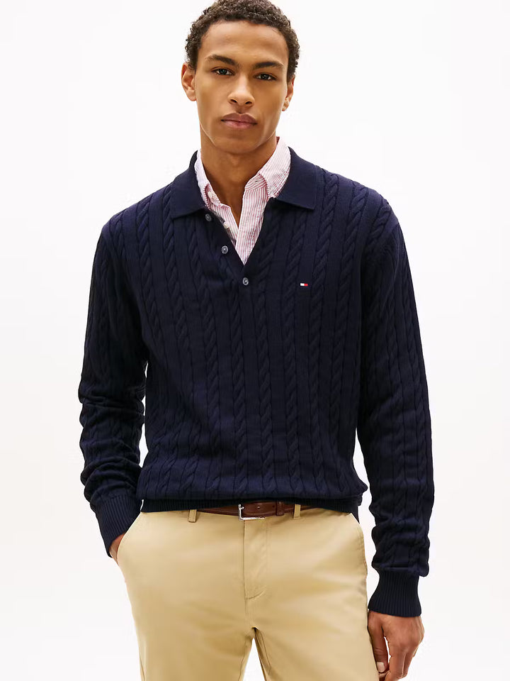 TOMMY HILFIGER CLASSIC COTTON CABLE LS POLO - NAVY