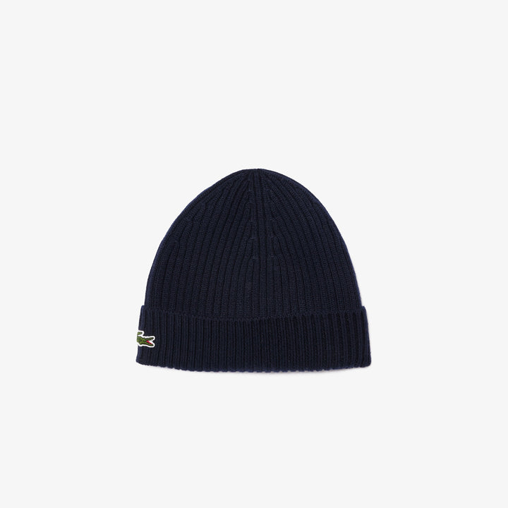 LACOSTE RIB KNIT WOOL BEANIE - NAVY BLUE