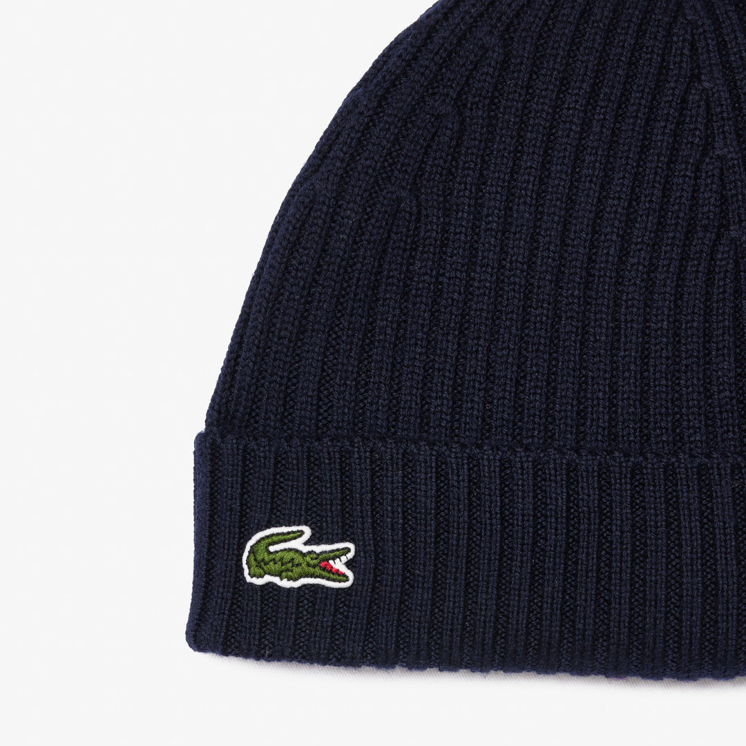 LACOSTE RIB KNIT WOOL BEANIE - NAVY BLUE