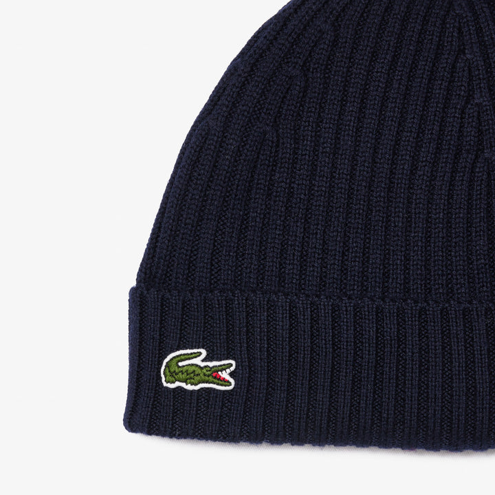 LACOSTE RIB KNIT WOOL BEANIE - NAVY BLUE