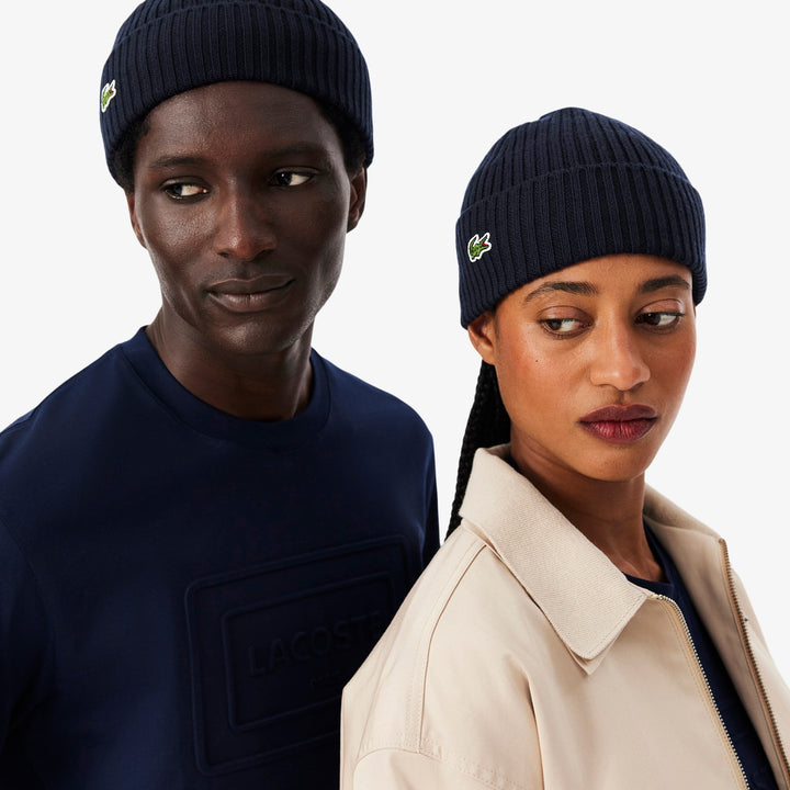 LACOSTE RIB KNIT WOOL BEANIE - NAVY BLUE