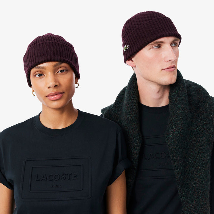 LACOSTE RIB KNIT WOOL BEANIE - OXALIS