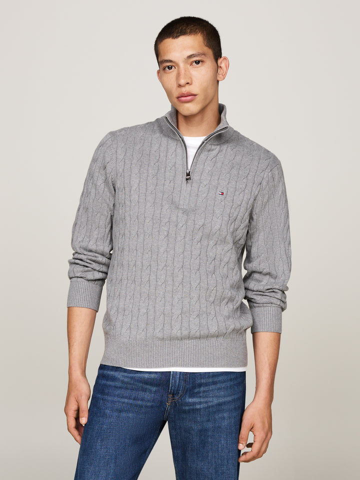 TH CLASSIC COTTON CABLE ZIP MOCK - GREY