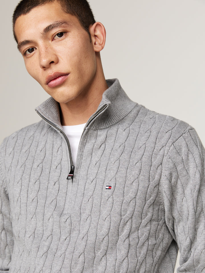 TH CLASSIC COTTON CABLE ZIP MOCK - GREY