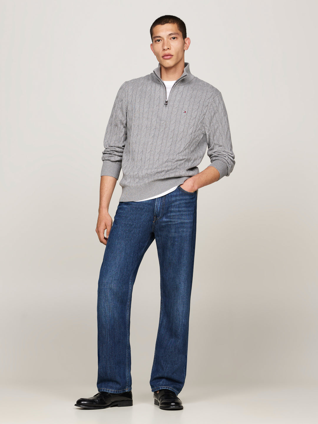 TH CLASSIC COTTON CABLE ZIP MOCK - GREY