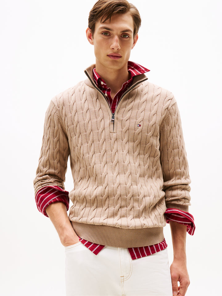 TH CLASSIC COTTON CABLE ZIP MOCK - TAUPE