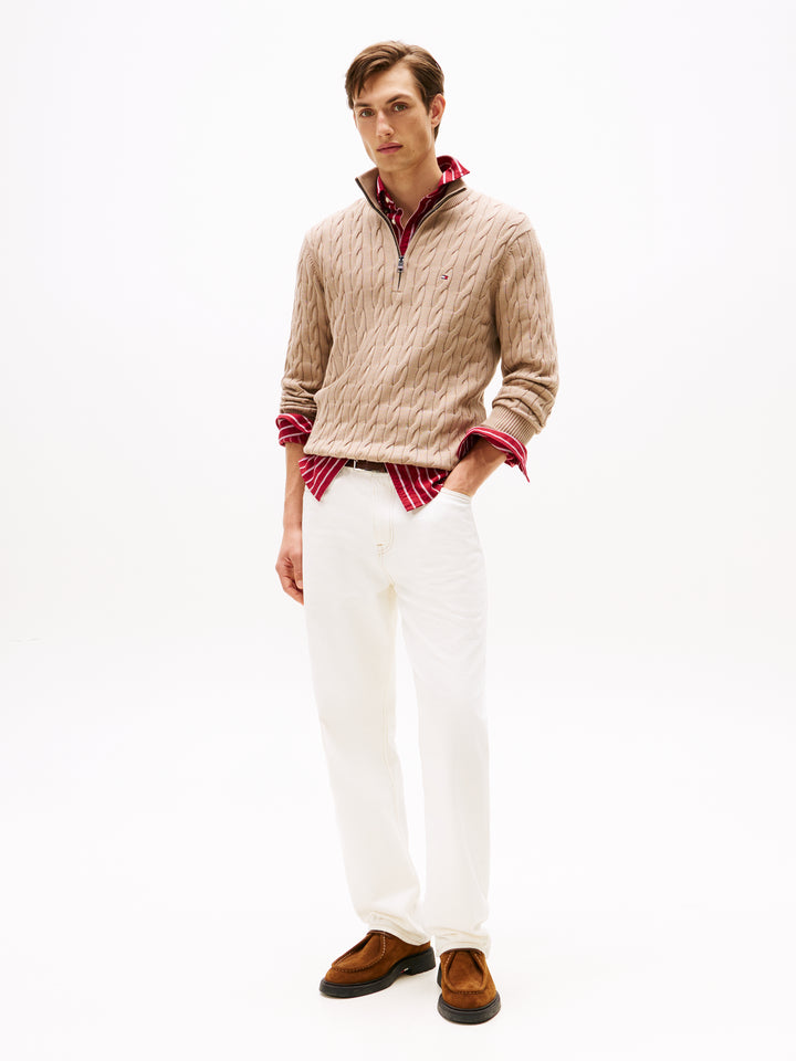 TH CLASSIC COTTON CABLE ZIP MOCK - TAUPE