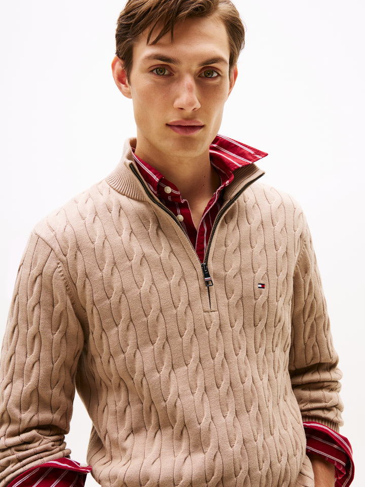 TH CLASSIC COTTON CABLE ZIP MOCK - TAUPE