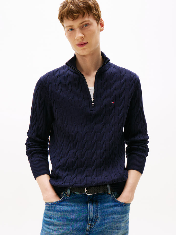 TH CLASSIC COTTON CABLE ZIP MOCK - NAVY