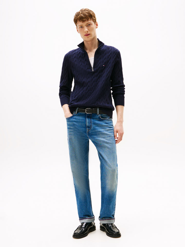 TH CLASSIC COTTON CABLE ZIP MOCK - NAVY