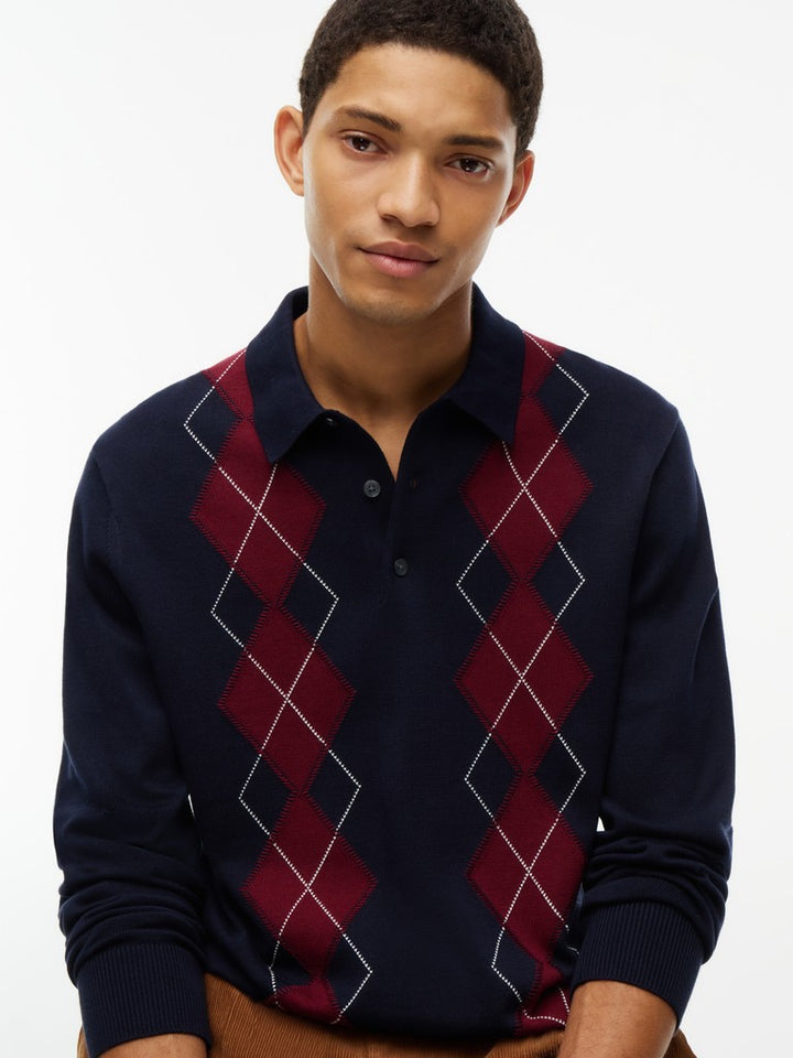 TOMMY HILFIGER PLACED ARGYLE LS POLO - NAVY BLUE