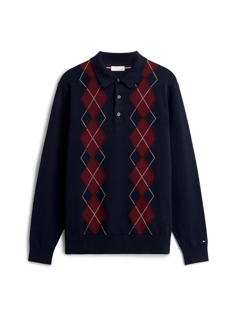 TOMMY HILFIGER PLACED ARGYLE LS POLO - NAVY BLUE