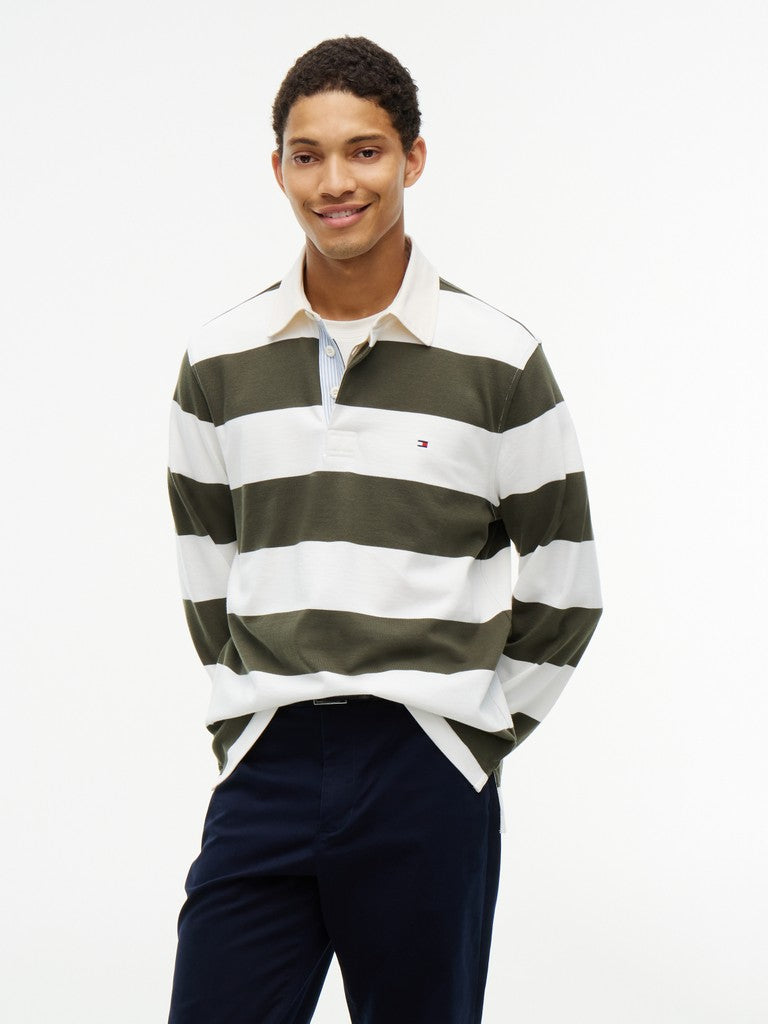 TOMMY HILFIGER ESSENTIAL STRIPE RUGBY - HUNTSMAN GREEN