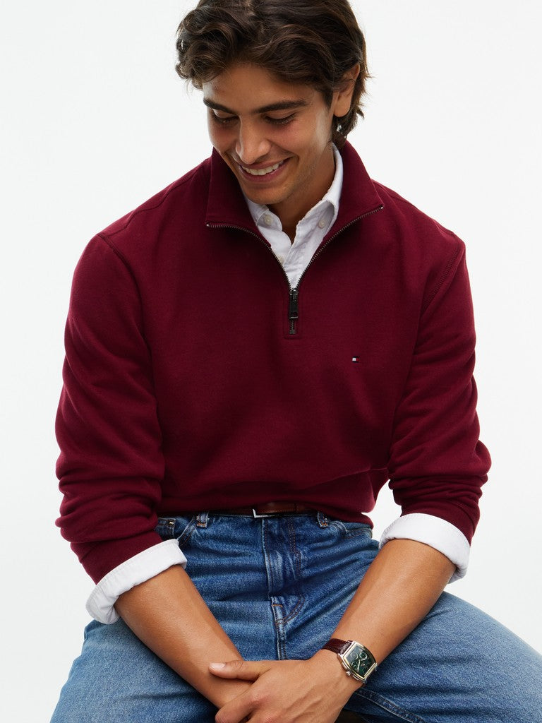 TOMMY HILFIGER ESSENTIAL FLEECE 1/4 ZIP - BURGUNDY