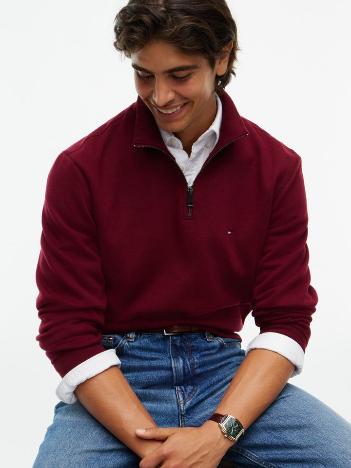TOMMY HILFIGER ESSENTIAL FLEECE 1/4 ZIP - BURGUNDY