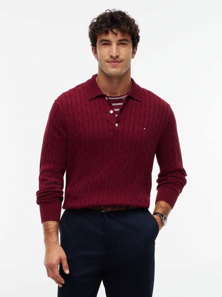 TOMMY HILFIGER CLASSIC COTTON CABLE LS POLO - BURGUNDY