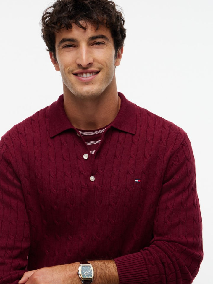 TOMMY HILFIGER CLASSIC COTTON CABLE LS POLO - BURGUNDY