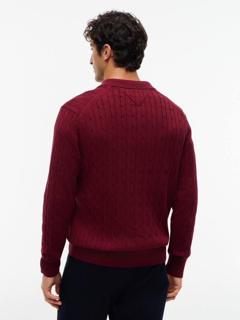 TOMMY HILFIGER CLASSIC COTTON CABLE LS POLO - BURGUNDY