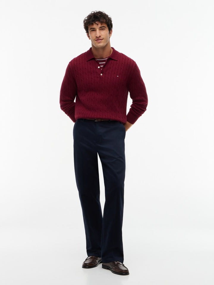 TOMMY HILFIGER CLASSIC COTTON CABLE LS POLO - BURGUNDY