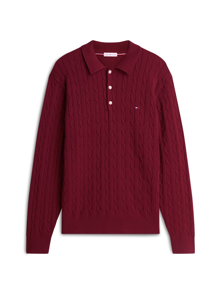 TOMMY HILFIGER CLASSIC COTTON CABLE LS POLO - BURGUNDY
