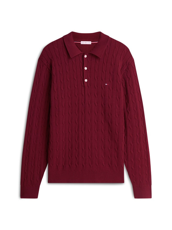 TOMMY HILFIGER CLASSIC COTTON CABLE LS POLO - BURGUNDY