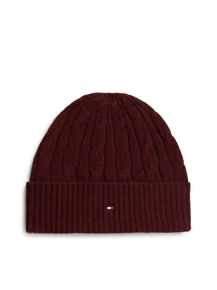 TOMMY HILFIGER FLAG CABLE BEANIE - DEEP BURGUNDY