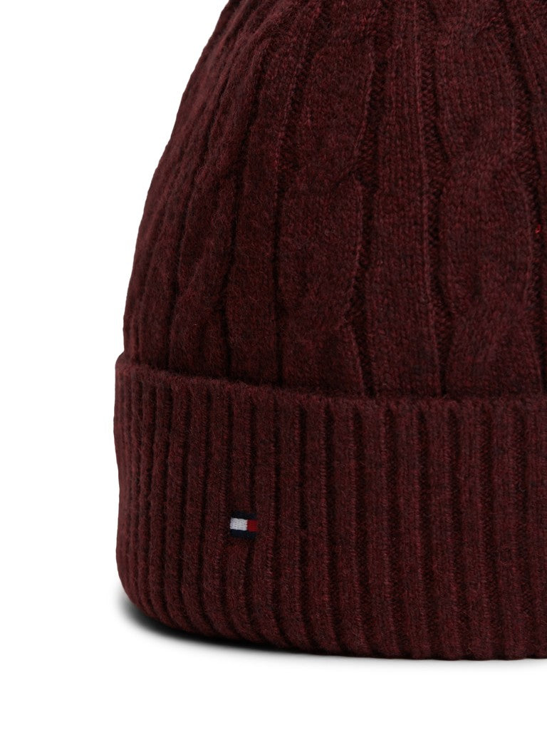 TOMMY HILFIGER FLAG CABLE BEANIE - DEEP BURGUNDY