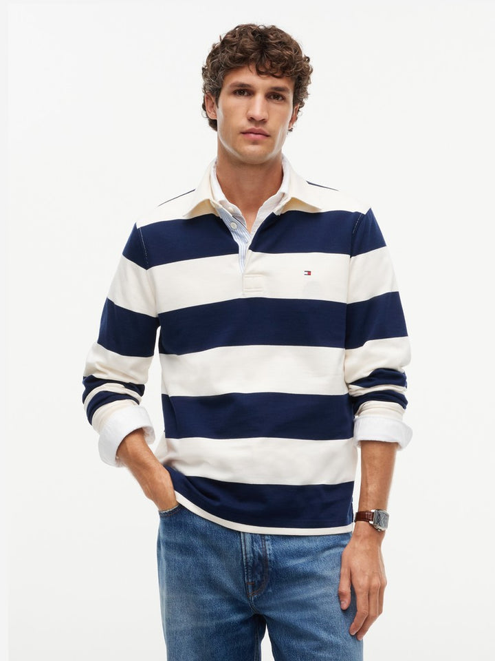 TOMMY HILFIGER ESSENTIAL STRIPE RUGBY - IVORY PETAL / NAVY