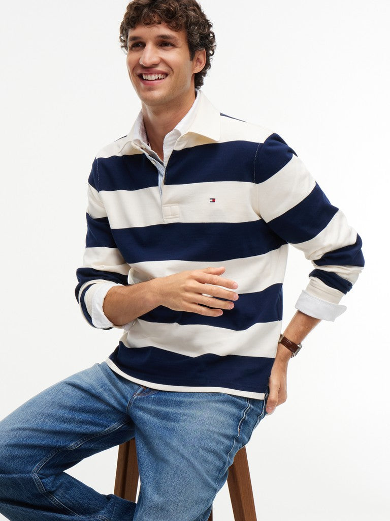 TOMMY HILFIGER ESSENTIAL STRIPE RUGBY - IVORY PETAL / NAVY