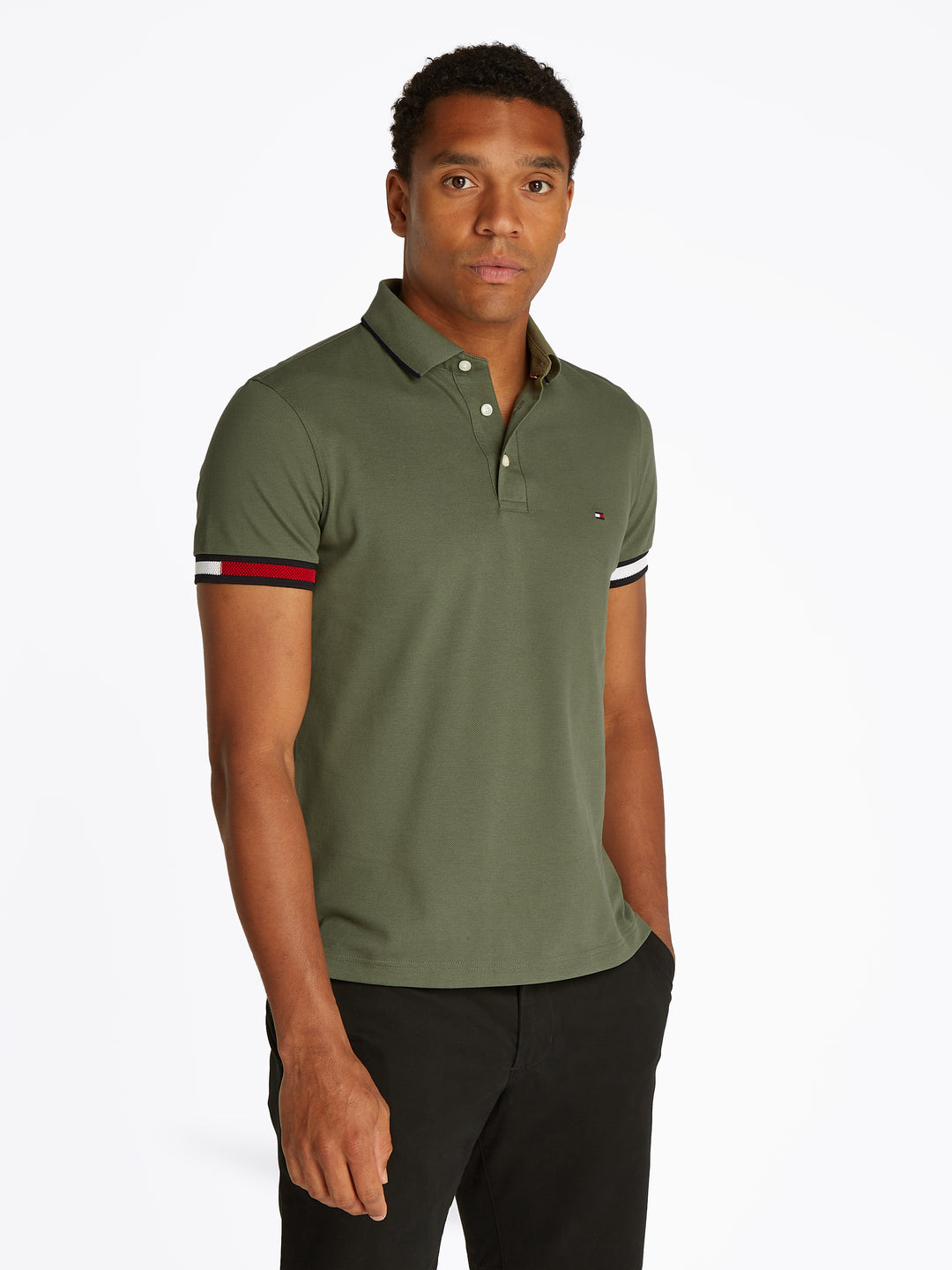 TH FLAG CUFF SLIM FIT POLO - BATTLE GREEN